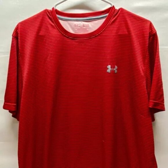 Under Armour Heatgear Loose Fit Mens Large Red Gray Stripe Short Sleeve Tech Tee - Picture 2 of 11